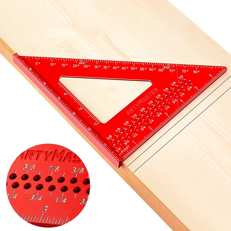 ARTYMASTER 7 inch Carpenter Square, 1/16" Precision Hole Scribing Square Tools, 0-90° Aluminum Alloy Rafter Square, Woodworking Square Tools AM13D - Image 1